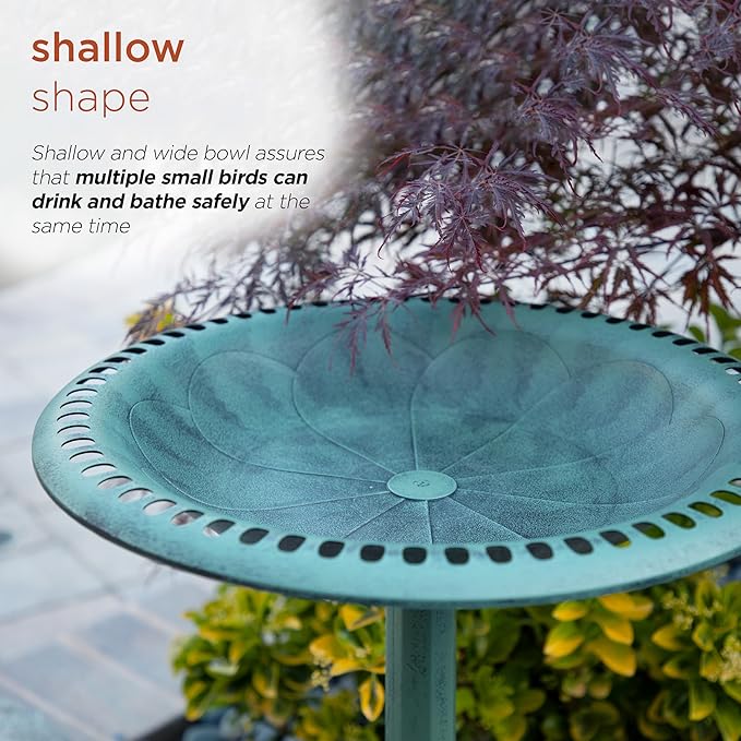 Alpine Corporation TEC116 Outdoor Aged Green Pedestal Birdbath with Scrollwork, 28" Tall, Green