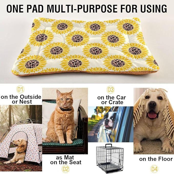 Leopard Print Sunflower Pet Bed Cute Dog Bed Mat Absorbing Non Slip Pad Pet Sleeping Mat for Small, Medium, and Large Dogs Puppy Cat 24 in x 18 in