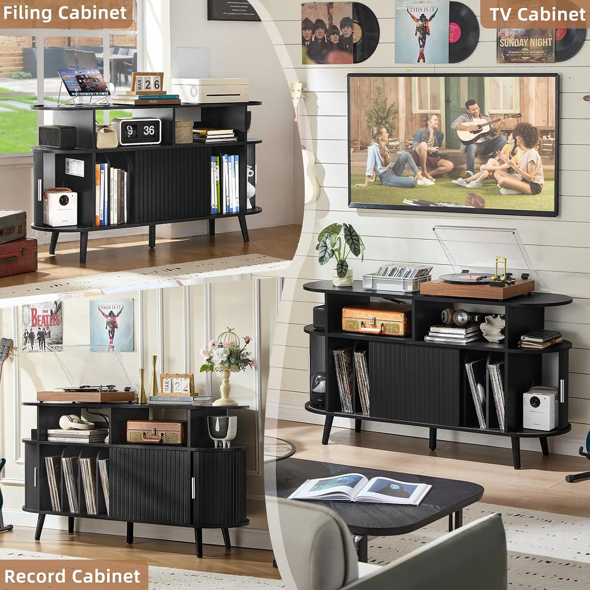 LELELINKY Extra Large Round Record Player Stand with Charging Station