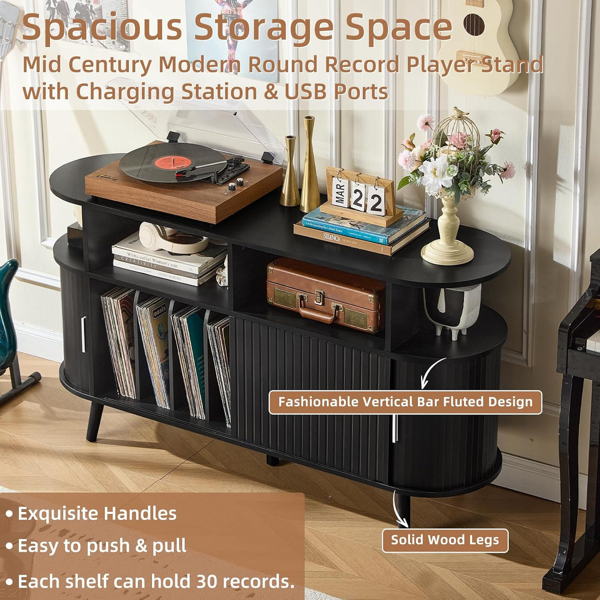 LELELINKY Extra Large Round Record Player Stand with Charging Station