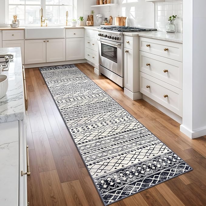 KUTA Moroccan Washable Runner Rug, 2x10 Non-Slip Vintage Black Navy Blue Boho