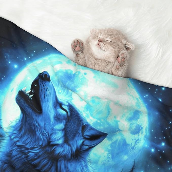 Wolf Blanket for Pet - Animal Throw Blanket 40x30 Moon Night Couch Blankets for Puppy Dogs Cats