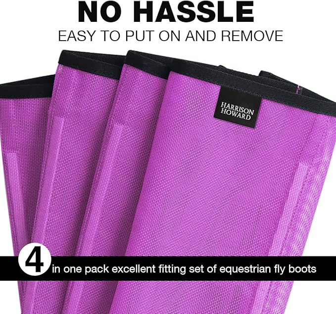 Harrison Howard Loose Fitting Fly Boots UV-Protective Extra Tough Mesh Ventilated Four Fasteners Stay-on Design Protect Horse Legs & Stomp-Reducing Set of 4 Purple Medium