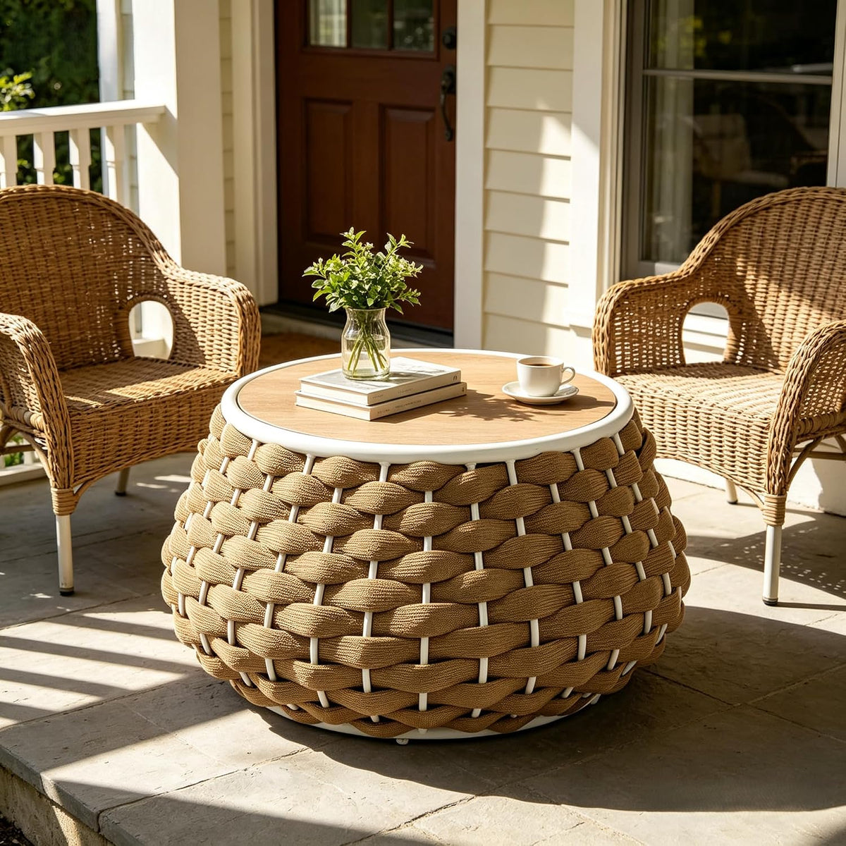 YDcosyfy Large Round Outdoor Side Table, 28 Inches Patio End Table with Removable Wood Top, Outside Coffee Table, All-Weather Metal Frame, Hollow Out Bottom Storage, for Balcony, Porch, Garden, Brown