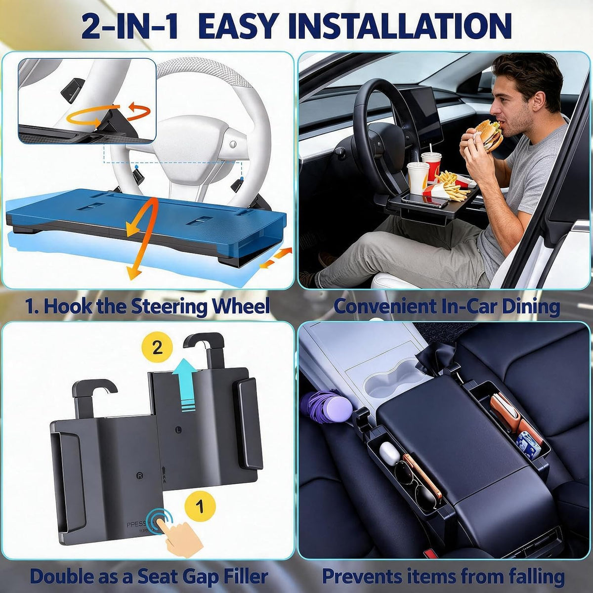 2-in-1 Car Steering Wheel Desk Laptop Tray Adjustable Foldable Food Table