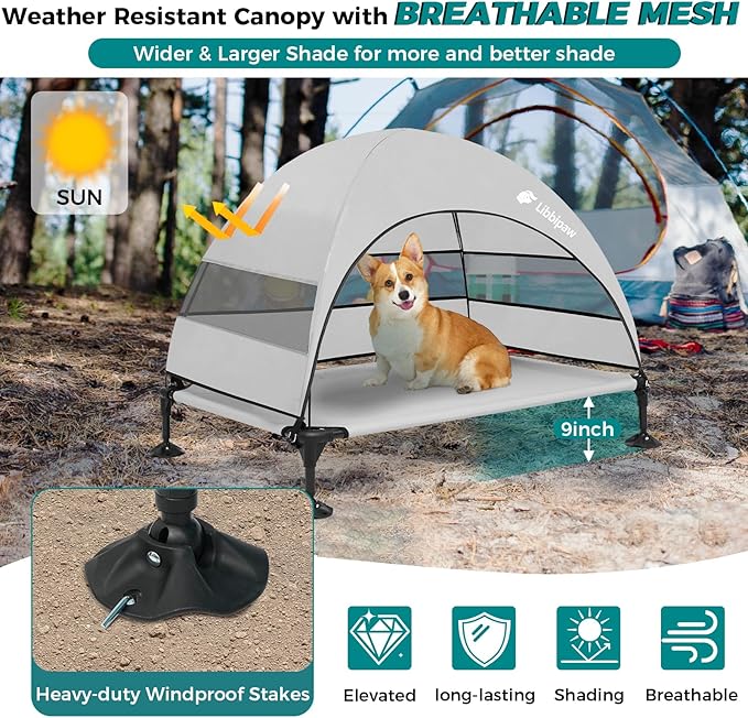 Windproof Elevated Dog Bed with Canopy & Stakes, 3-Sided 90% UV Block, Chew-Proof Teslin Mesh Mat for Large Dogs up to 150lbs(Grey Large)