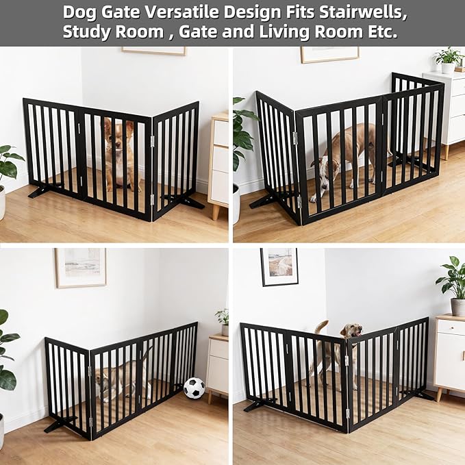 Dog Gate Indoor, Freestanding Dog Fence for The House, Doorways, Hallways,or Stairs,Pet Gate Foldable Wooden,Expandable 32" Height 3 Panels,Black