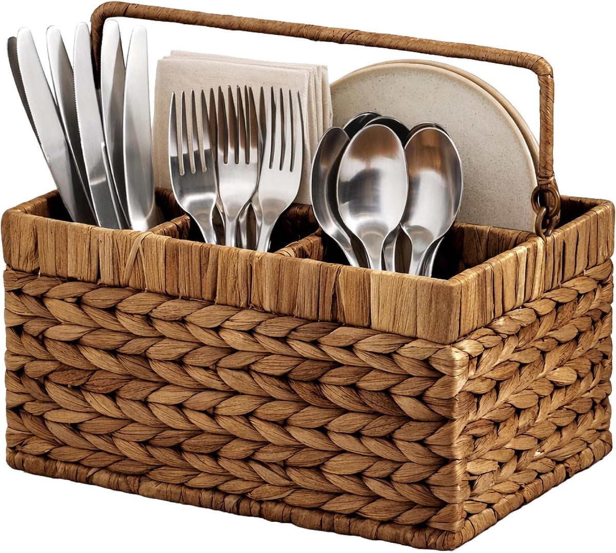 Best Choice Products Handwoven Silverware Organizer w/Handle, 4 Compartment Flatware Organizer, Shelf Storage Basket, Wicker Utensil Caddy, Cutlery Basket Holder for Party, Picnic, BBQ - Chestnut