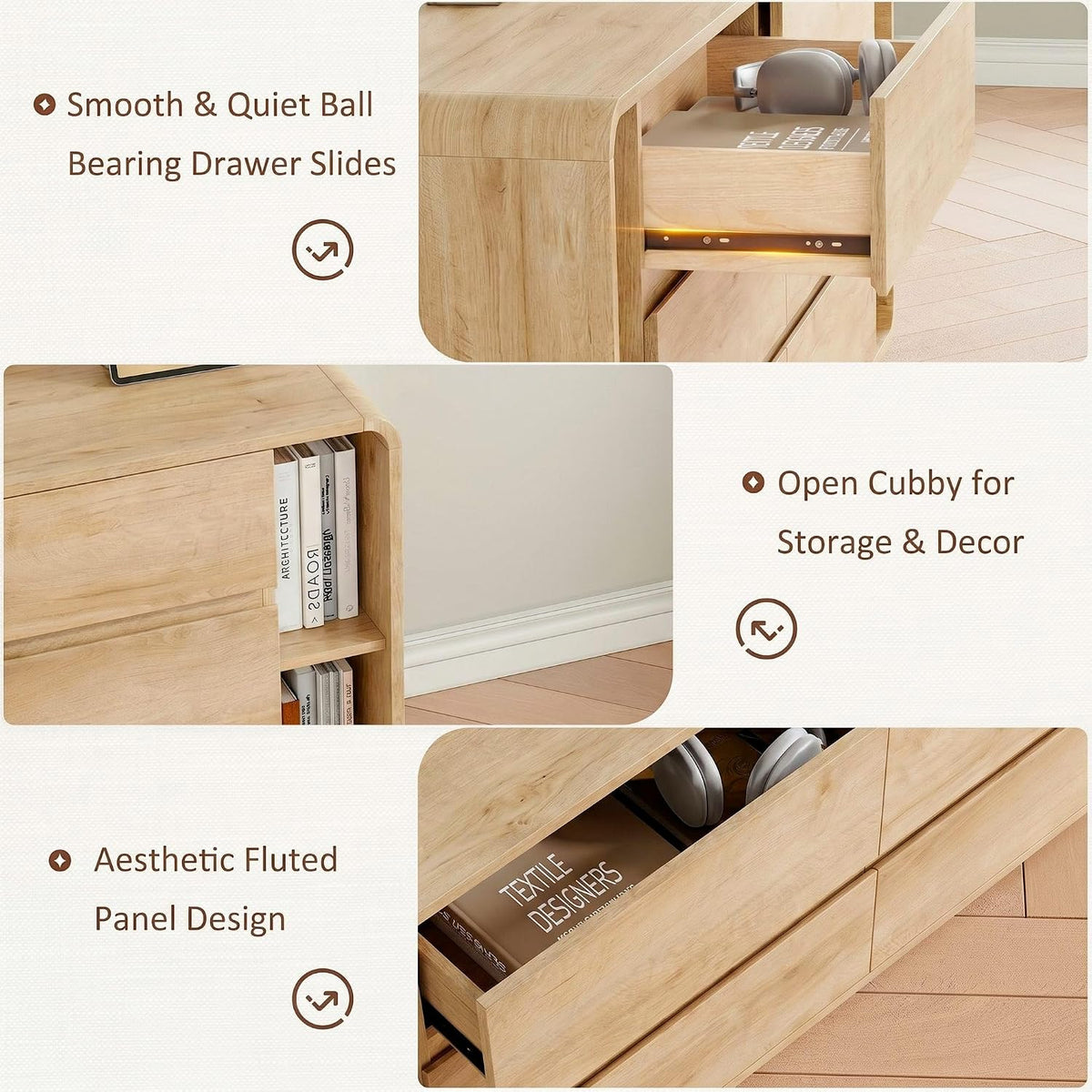 Whalefall 63 Inch 6 Drawer Dresser with Shelves Rounded Corner, Natural Oak