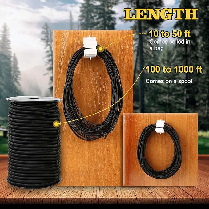 Strong and Durable Bungee Cord Roll - 1/8" x 100ft Elastic Cord, Kayak Stretch String Rope, Bungee Shock Cords for Repairing Tent Poles, DIY, Tie Downs, Black