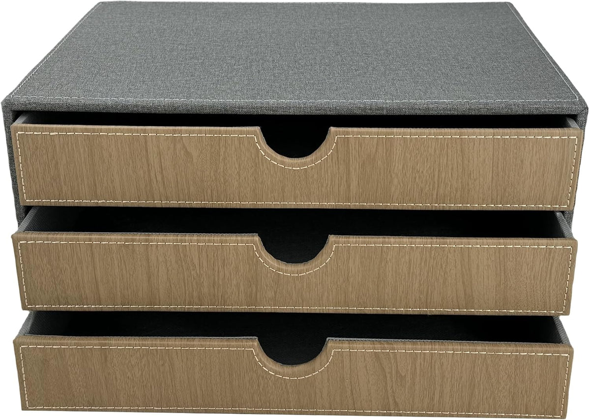 3-Drawer Leather Desk Organizer with A4 File Holder-Stackable Modular Storage Box for Office Supplies,Files,Bills & Jewelry-Space-Saving Design for Home Office,Desk & Workspace(Grey Cloth)