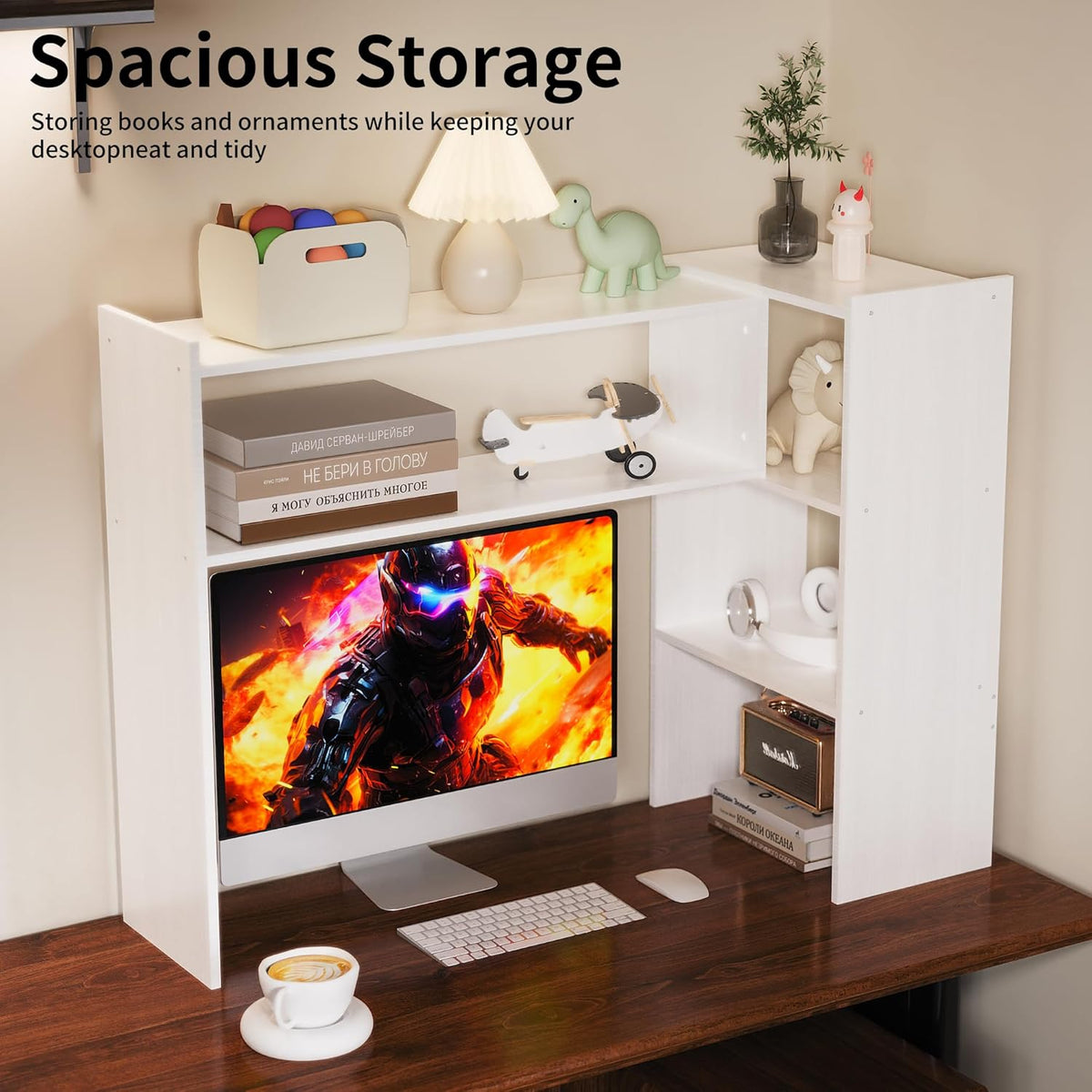 Aetheris Desktop Bookshelf, 43”Adjustable Office Desktop Organizer Shelf, Countertop Storage Hutch with 4 Shelves for Computer Desk, Adjustable Desk Hutch, Wooden Desktop Bookcase