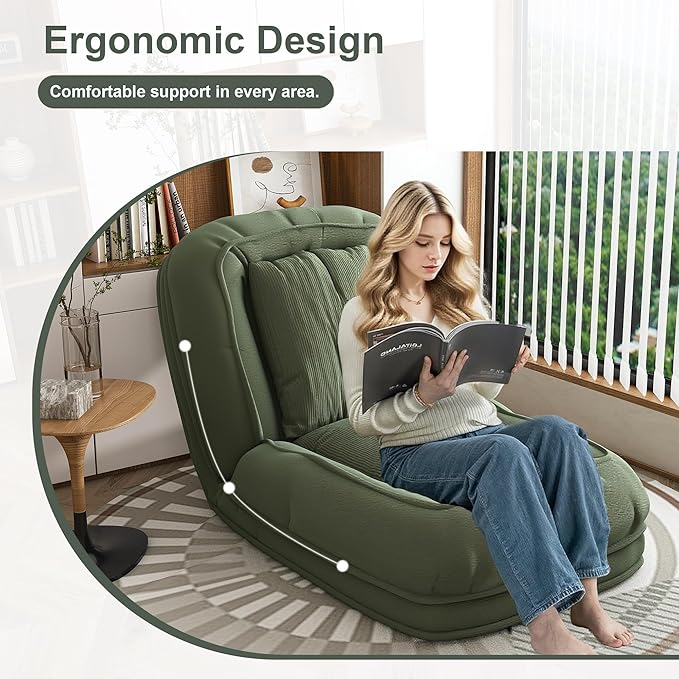 Adjustable 5-Position Human Dog Bed for People, Big Comfy Plush Floor Gaming Lazy Sofa Chair with Pillows & Back Support, Foldable Lounge Loveseat Couch for Living Room Bedroom (Green①)