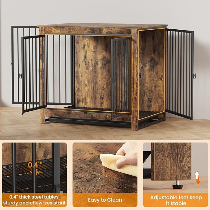 Dog Crate Furniture, 42 Inch Indoor Large Dog Kennel for Medium to Large Dogs Up to 70 LBS, Heavy Duty Wooden Pet Cage End Table with 3 Doors, Alloy Steel Frame & Removable Tray