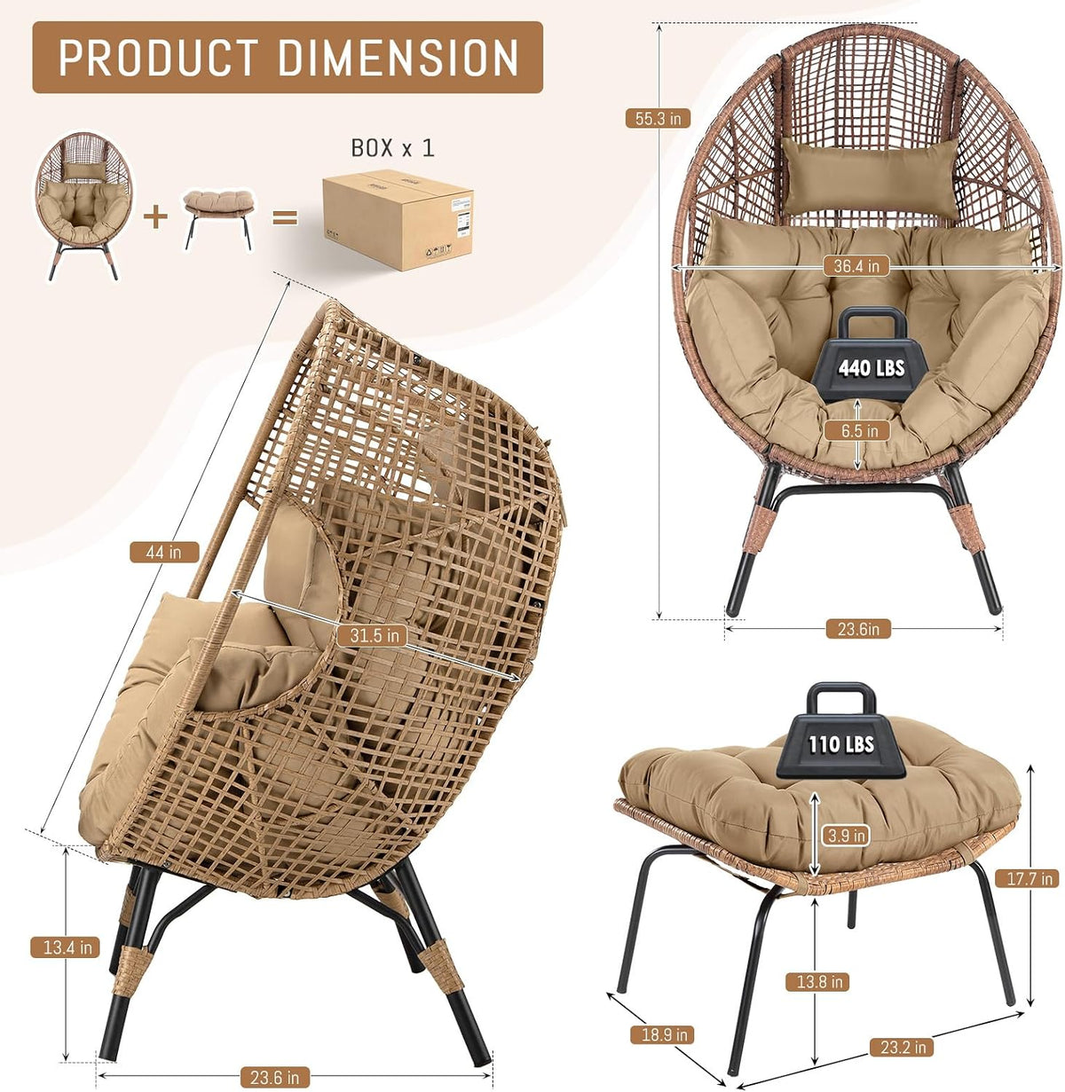 RADIATA Outdoor Egg Chair w/Ottoman, Oversized Wicker Patio Lounger