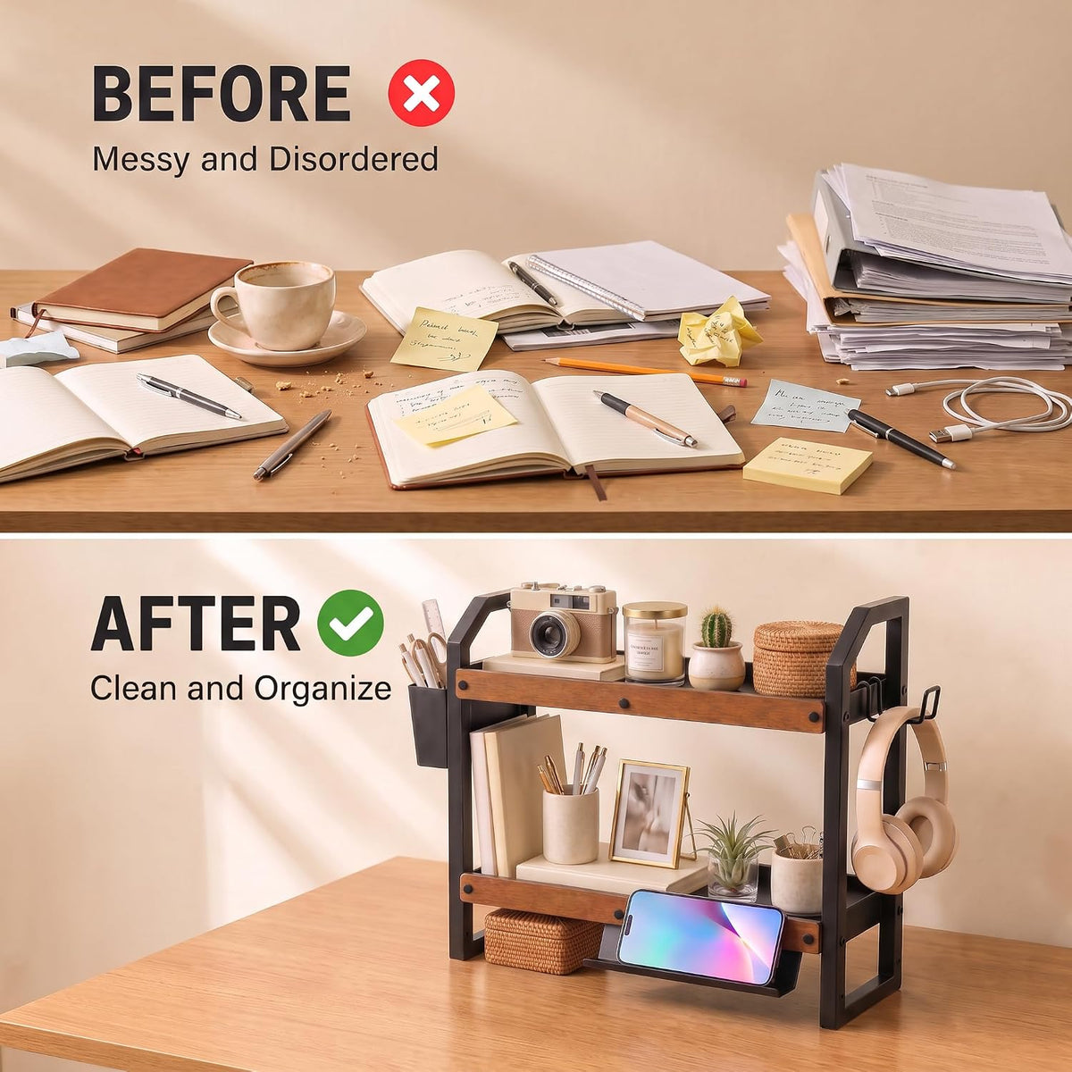 Desk Shelf Organizer, Shelf for Top of Desk, Office Desktop Storage Rack