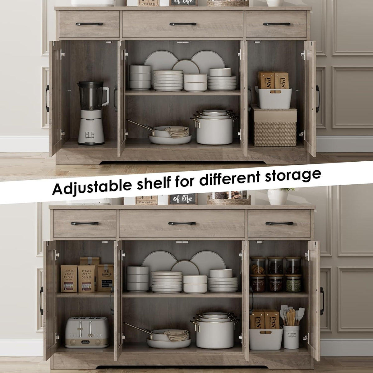 HOSTACK Kitchen Buffet Sideboard Storage Cabinet, Coffee Bar Cabinet, Grey