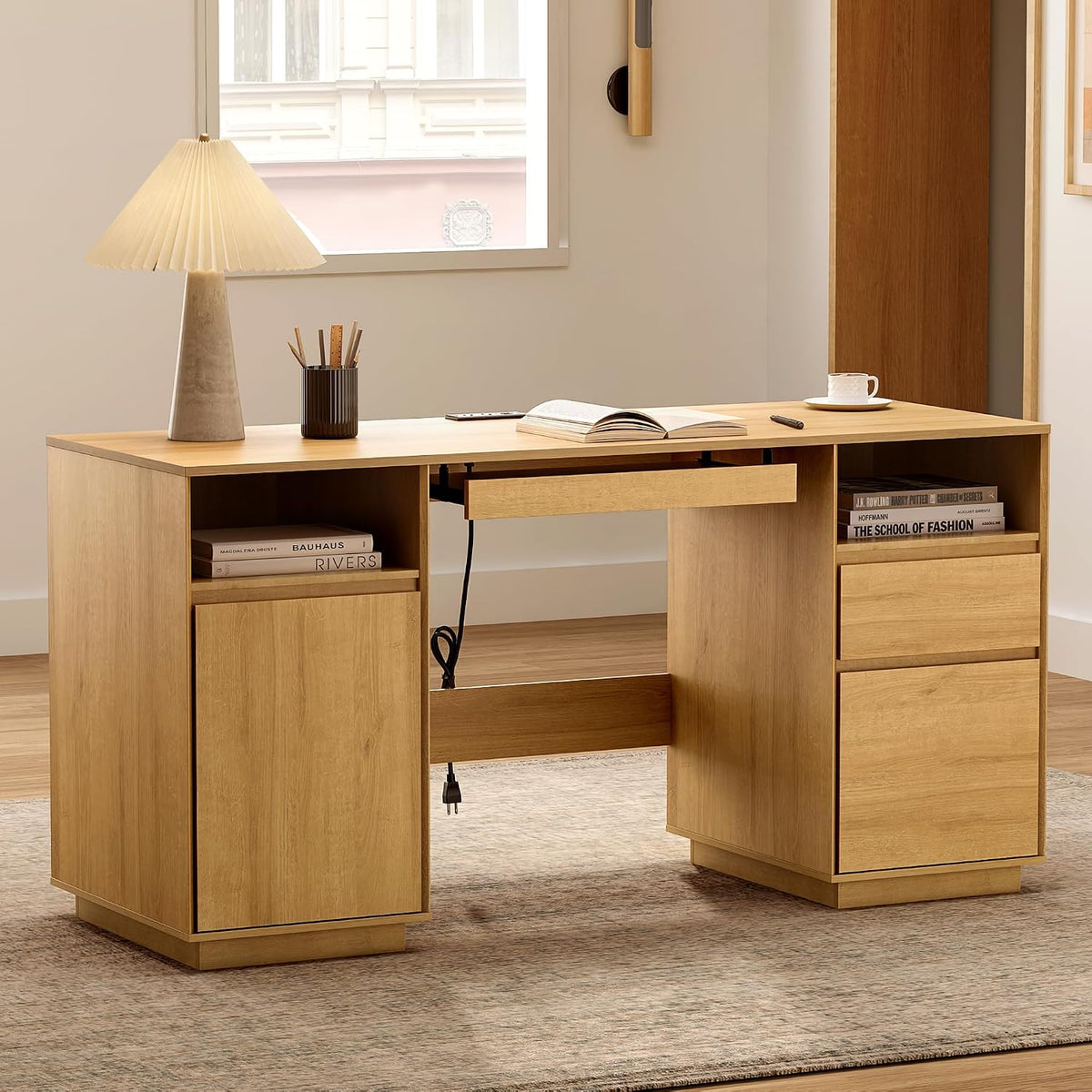 EYYTHUNG 59" Executive Desk, Farmhouse Large Home Office Desk with File Drawer & Outlet & Storage Cabinet, Wood Computer Desks with Keyboard Tray, Workspace for Study Writing, Natural Oak