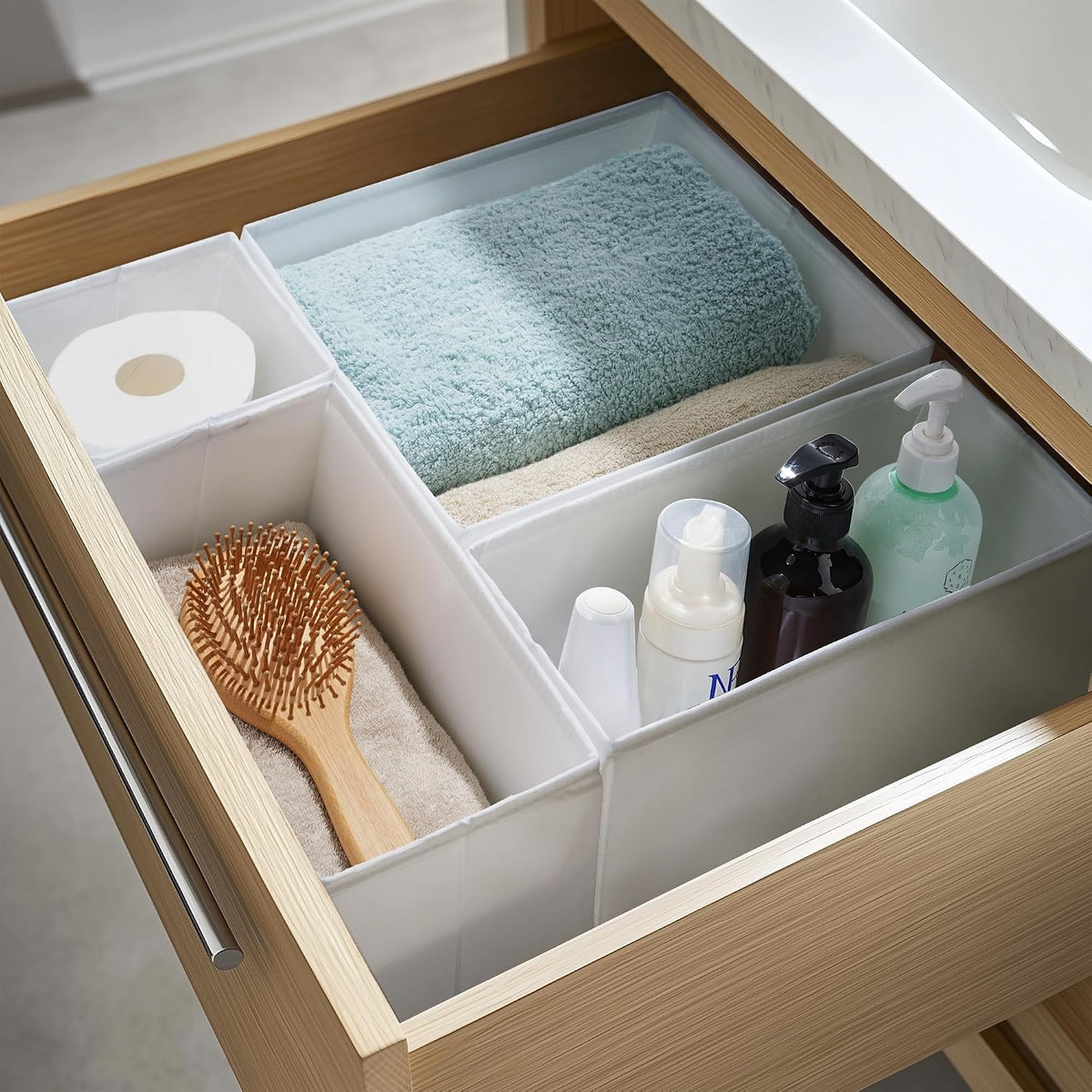 TYEERS Drawer Organizers, Durable Fabric, Washable, with Base Support Boards, Small Storage Boxes for Bathroom, Closet, Dresser, Set of 12, White