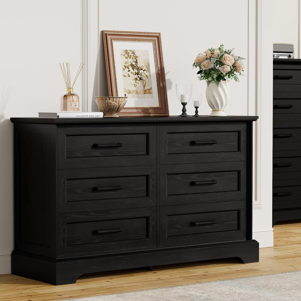 Furmax Farmhouse Dresser for Bedroom, 6 Drawers Dresser, Black
