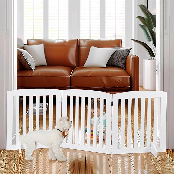 ZENY 24 Inch Pet Dog Gate, Foldable Freestanding Dog Door 3 Panel, White Wooden Z Shape Step Over Pet Fence for Entryway, Stairs, Doorway, White