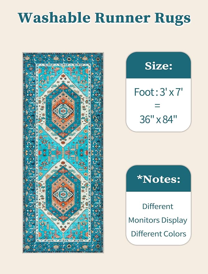 SERISSA Boho Kitchen Runner Rug, 3x7 Washable Non-Slip Runner Rug