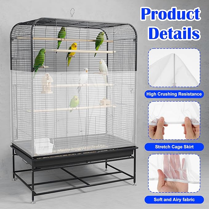 Grevosea Bird Cage Seed Catcher, Large Bird Cage Cover Stretchy Adjustable Nylon Mesh Birds Cages Net Skirt for Parrot Parakeet Macaw African Round Square Cages Accessories (White)