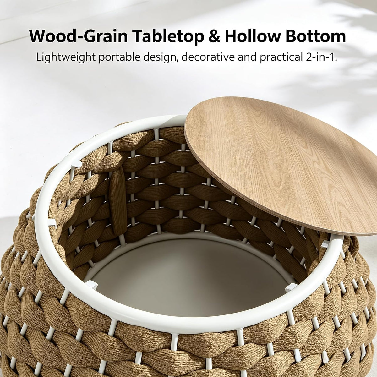 YDcosyfy Large Round Outdoor Side Table, 28 Inches Patio End Table with Removable Wood Top, Outside Coffee Table, All-Weather Metal Frame, Hollow Out Bottom Storage, for Balcony, Porch, Garden, Brown