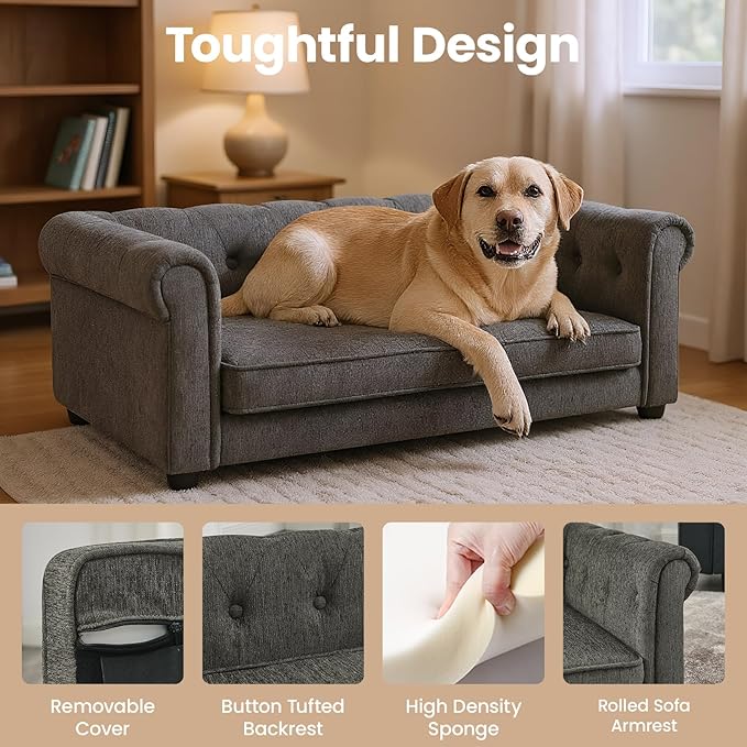 Elevated Dog Sofa with Backrest and Armrests, Button Tufted Dog Couch Bed with Soft Cushion for Medium Dogs, Stylish Lounging Bed Pet Couch Chair, 60Lbs Weight Capacity, Dark Gray