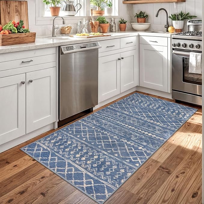 KUTA 3x5 Boho Area Rug for Living Room, Moroccan Blue Beige Washable Kitchen
