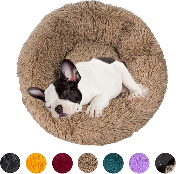huraty Plush Calming Dog Bed, Faux Fur Donut Cuddler Bed for Cats, Anti-Skid & Anti-Anxiety, 20 Inch for Puppy and Kitties, Khaki, S