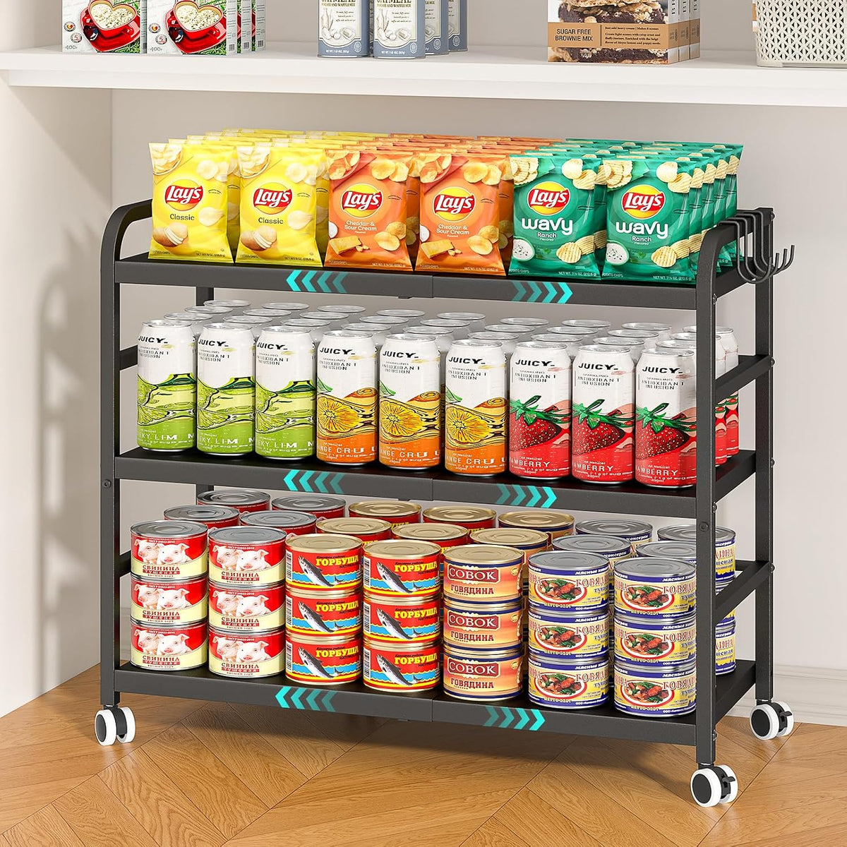 DAOUTIME 3-Tier Expandable Rolling Cart, Pantry Storage Cart with Wheels, Adjustable Rolling Pantry Floor Organizer, Metal Under Desk Cart, Can Storage & Snack Organizer for Kitchen Pantry, Black