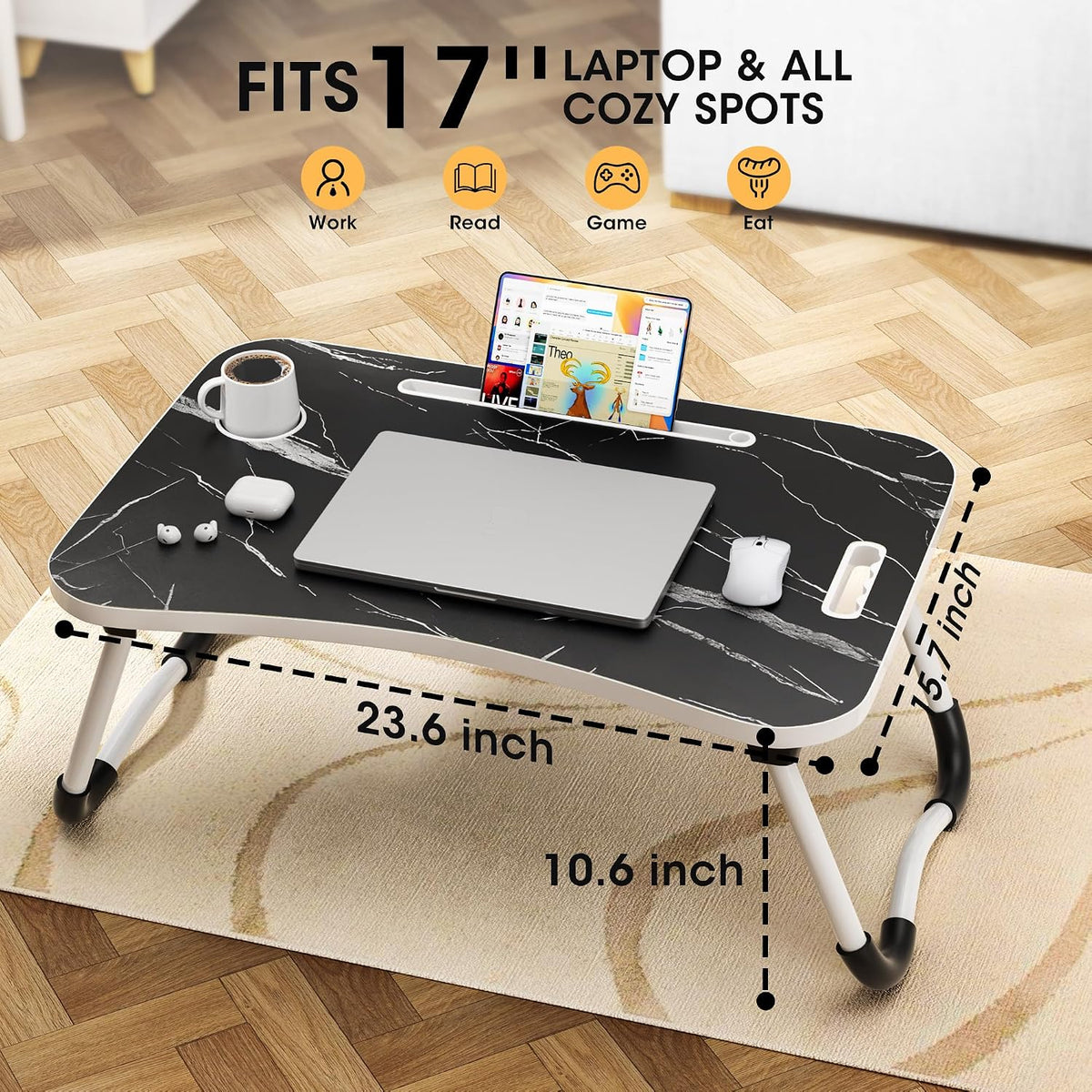 Folding Lap Desk, 23.6 Inch Wood Laptop Bed Desk with Cup Holder, Portable Bed Table for Working Writing Reading & Eating for Bed, Sofa, Couch, Floor - Dark Black
