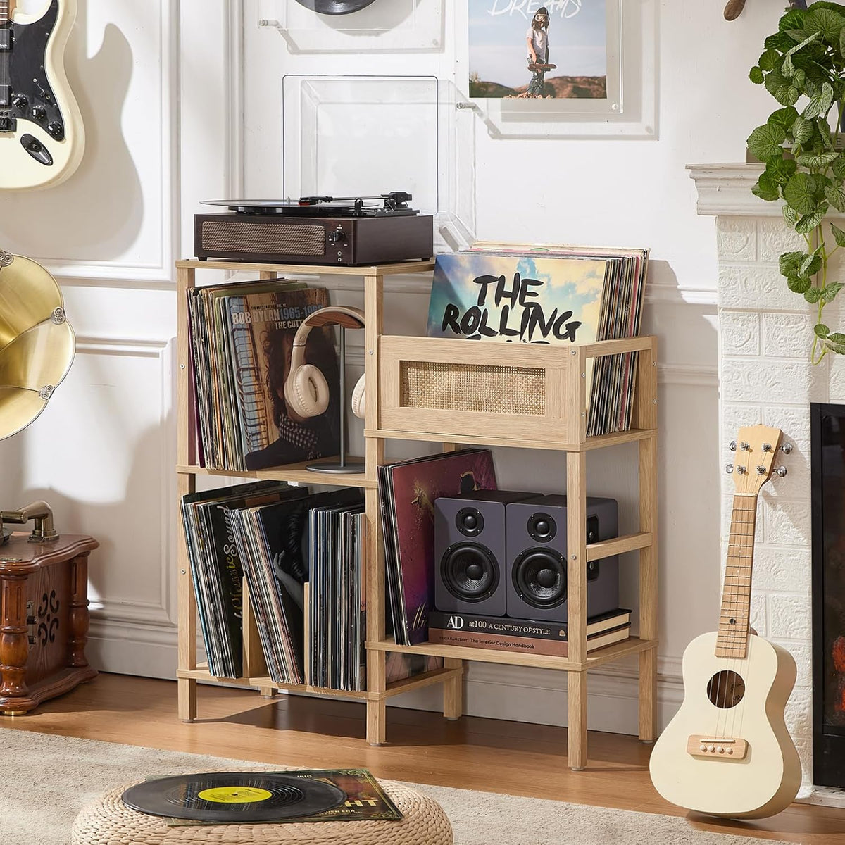 LELELINKY Record Player Stand, Natural Oak Wood Record Holder with Vinyl Storage Holds up to 300+ Albums, 3-Tier Rattan Media Table with Vinyl Display Shelf, Record Storage Cabinet for Living Room