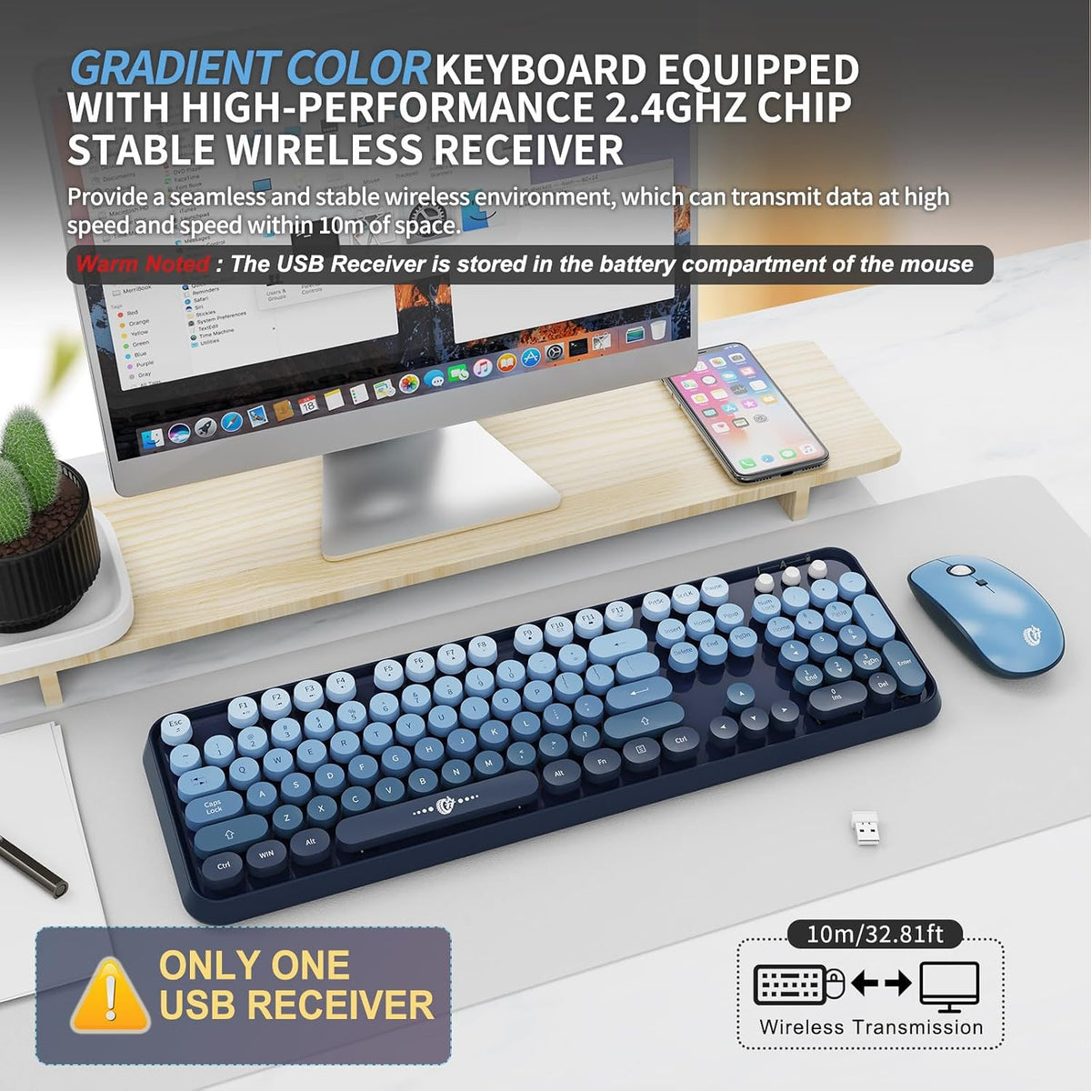 FOPETT Wireless Keyboard and Mouse Combo - 2.4G Full-Sized Cute Colorful Mouse and Keyboard with 104 Round Keys Retro Typewriter Keyboard for Laptop/Windows/PC - Blue Gradient