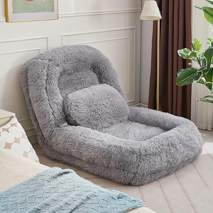 Human Dog Bed for Adult and Kids, Comfy Foldable Lazy Floor Sofa Bed with 5 Adjustable Position, Grey Upholstered Floor Bean Bag Lounger Chair for Bedroom, Living Room,Office (Gray)