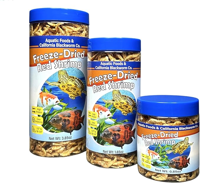 Aquatic Foods Inc. Red Shrimp, Freeze Dried 1/2" to 1 & 1/4" Floating Red River Shrimp for Cichlids, All Tropical Fish, Koi & Pond Fish, Aquatic Turtles, Reptiles, Rodents 1oz Canister