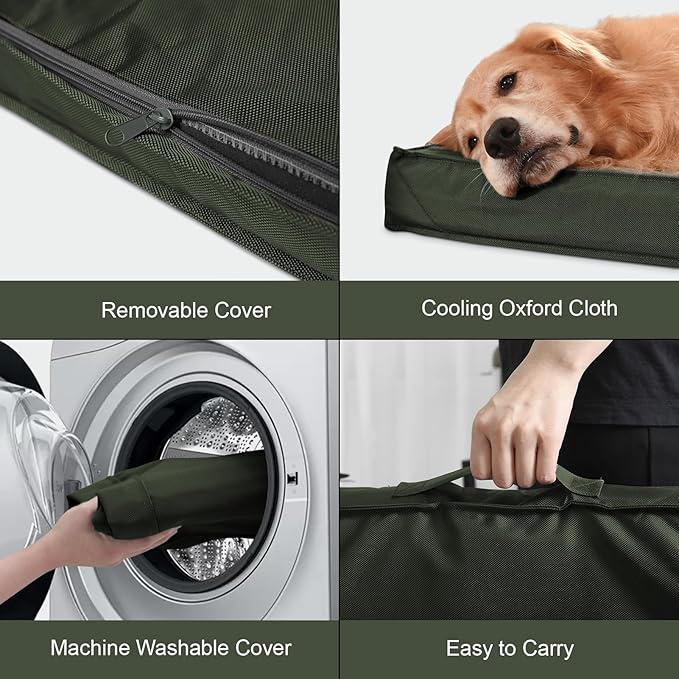 Outdoor Extra Large Dog Bed, Jumbo Waterproof Dog Bed for Large Dogs, Orthopedic Egg Foam Pet Bed Mat with Removable Oxford Cooling Cover, Dark Green