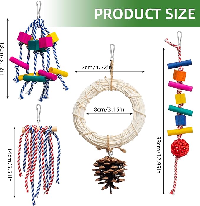 4-in-1 Bird Chew Toys - Colorful Ropes & Wood Blocks for Foraging Fun - Small Parrot Cage Toys for Conures, Lovebirds (30-Day Play Guarantee)