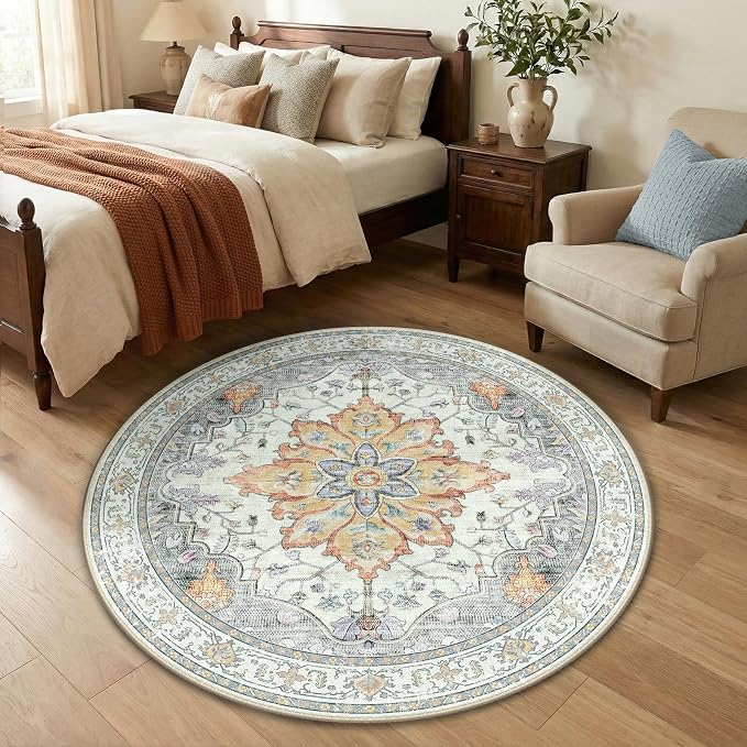 RELEANY Area Rugs Round 4ft Washable Non-Slip, Floral Vintage Distress