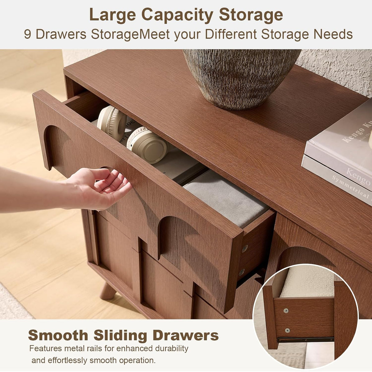 Oak&Sparrow Mid Century Modern Dresser for Bedroom, Walnut 9 Drawer Dresser with Arched Front, 63'' Wide Chest of Drawers Wood Storage Organizer for Living Room