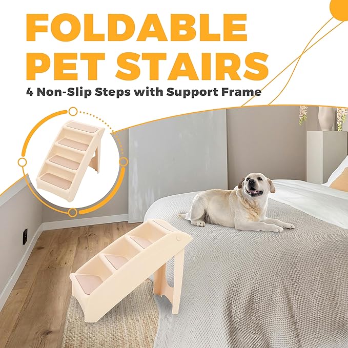 Kojem Foldable Pet Stairs Dogs & Cats Steps for High Bed Couch Truck SUV 4 Non-Slip Steps with Support Frame Indoor Outdoor Portable Pet Ladder Beige PP