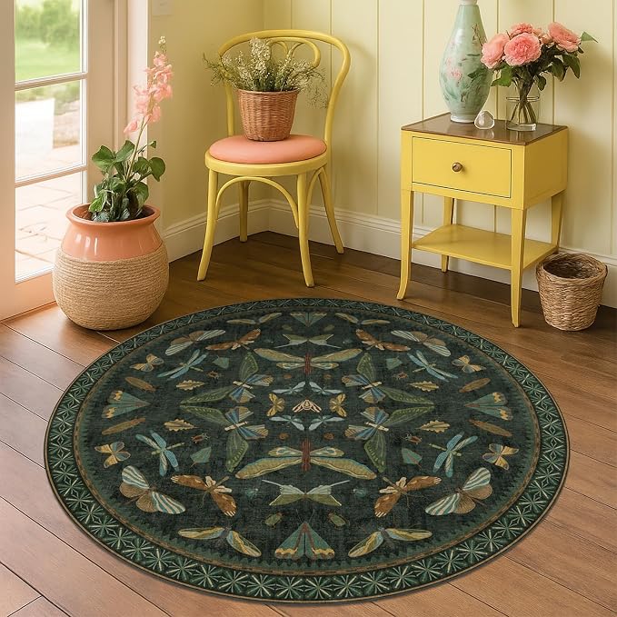 Vintage Dark Green 4ft Round Small Rug