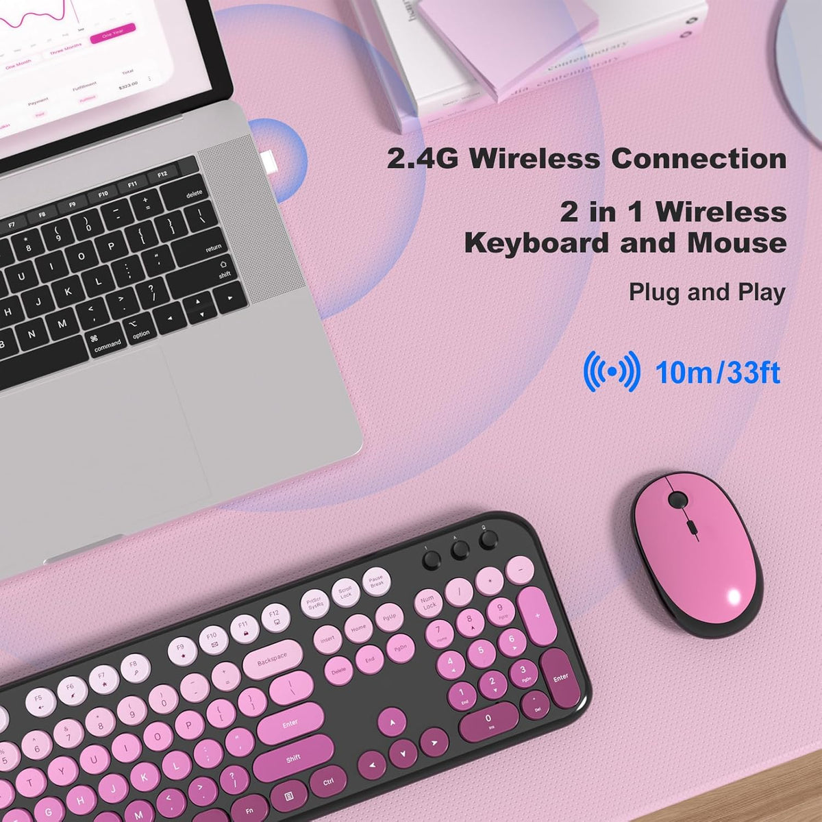 Atelus Wireless Keyboard and Mouse Combo, Typewriter Full Size Keyboard with Number Pad and 2 in 1 USB Connected Mouse for PC Computer Laptop Desktop Windows 7 8 10 11 (Black Pink)