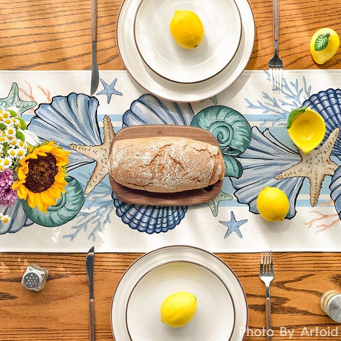 Artoid Mode Sea Shell Starfish Summer Table Runner, Spring Ocean Kitchen Dining