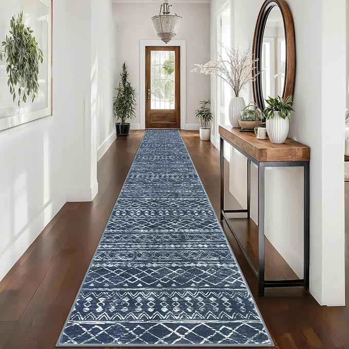 KUTA Boho Runner Rug for Hallway 2.6x16 Moroccan Washable Navy Blue Rugs