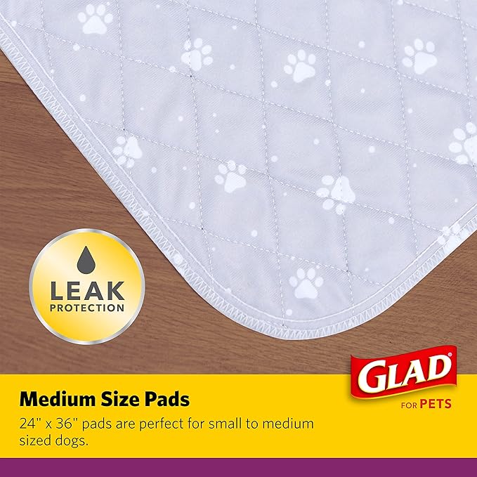 GLAD for Pets Washable Training Pads, Medium Size (24”x36”), 2 Pack Gray with Paw Prints| Re-usable Cloth Dog Training Pads with 3 Layers of Leak Protection and No Slip Grip Vinyl Bottom