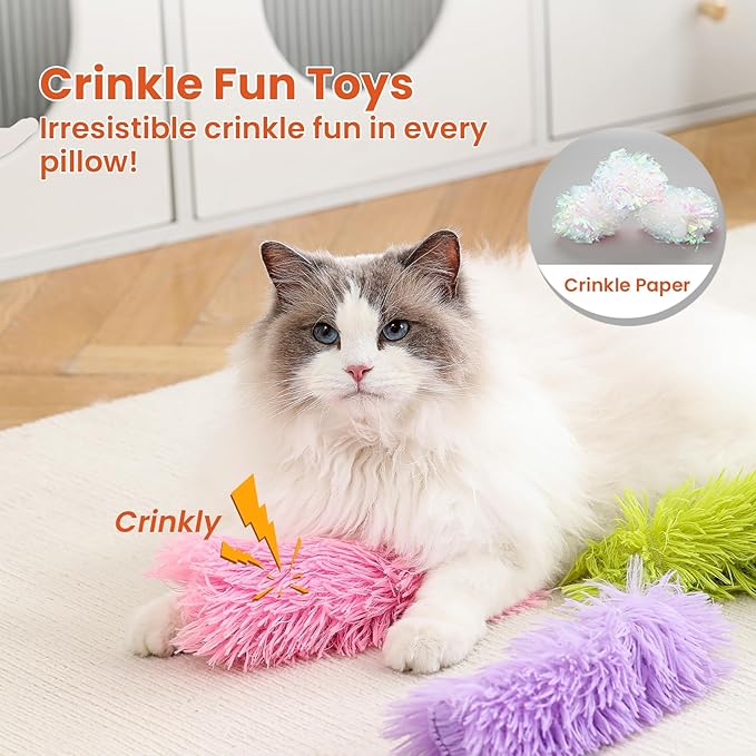 3 Pack Cat Pillow Toys with Catnip, Soft Plush Crinkle Cat Kicker Toys, Interactive Indoor Kitten Chew Toys for Kitty Exercise, Catnip Toys, Promotes Self Play for All Breeds