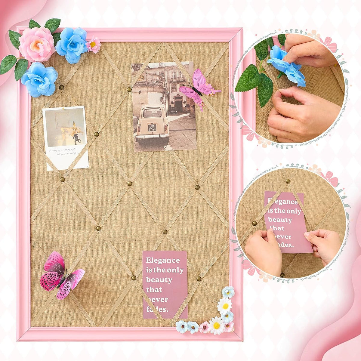 DoubleFill Pink Bulletin Board 21"×27" Linen Fabric Decorative Boards Hanging Memo Board with 20 Pushpins Large Cork Bulletin Boards for Home Office Decor Photos Display - Gold Linen with Pink Frame
