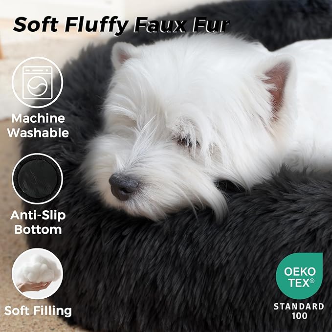 Calming Dog Bed & Cat Bed with Anti-Slip Bottom, Medium Size Washable Anti-Anxiety Donut Dog Beds for Small Dogs & Cats, Fluffy Plush Cozy Round Dogs Bed(24 Inch, Black)